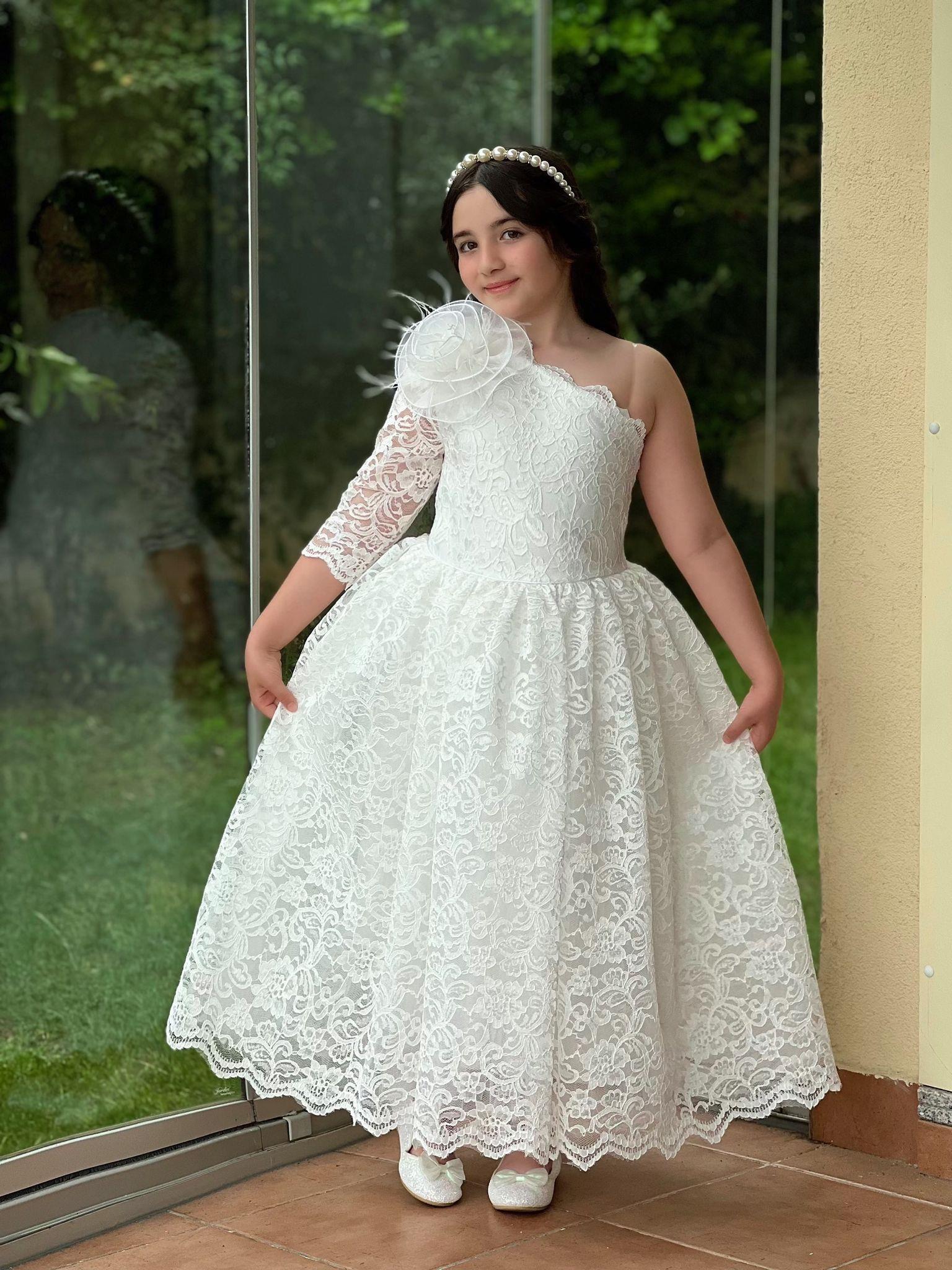 Kız Çocuk Beyaz Güpür Elbise Abiye-Kız Çocuk Elbise-Bebegimindolabinda.com