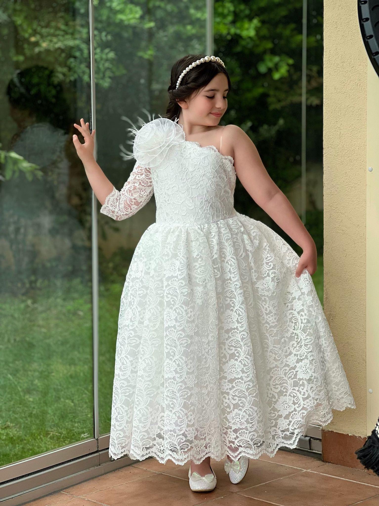 Kız Çocuk Beyaz Güpür Elbise Abiye-Kız Çocuk Elbise-Bebegimindolabinda.com