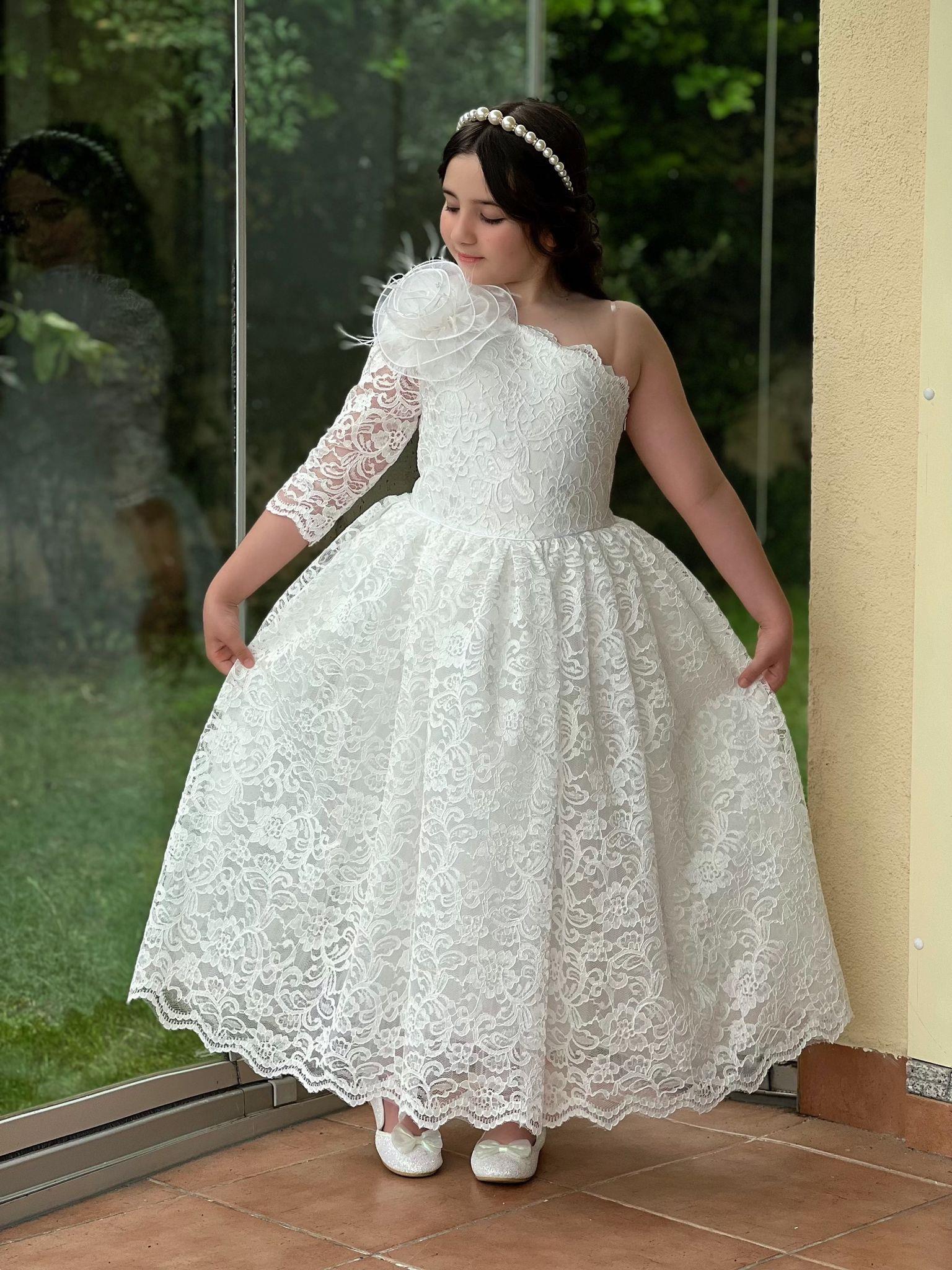 Kız Çocuk Beyaz Güpür Elbise Abiye-Kız Çocuk Elbise-Bebegimindolabinda.com