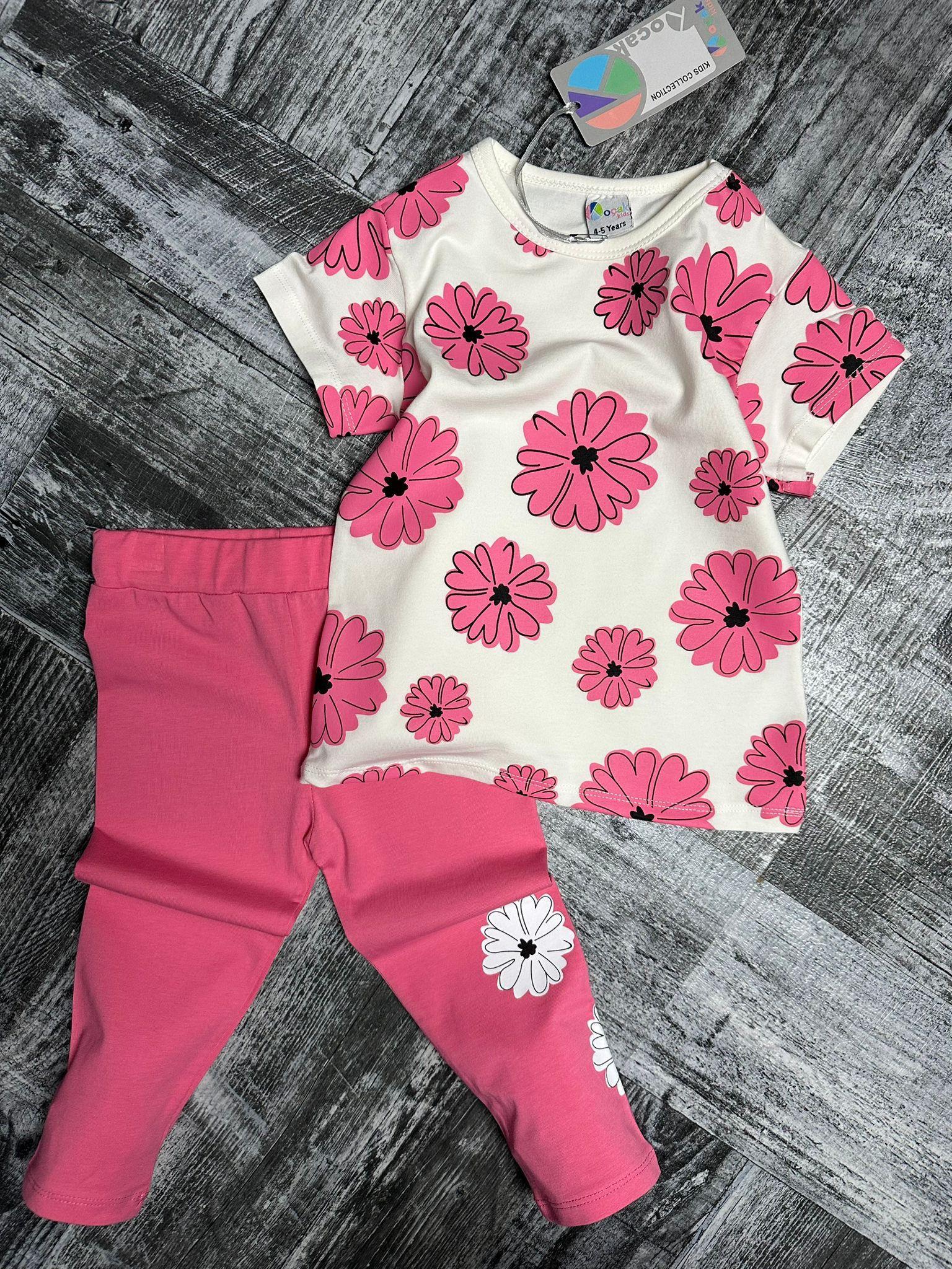 Kız Çocuk Çiçekli Taytlı Takım Pembe-Kız Çocuk Alt Üst Takım-Bebegimindolabinda.com