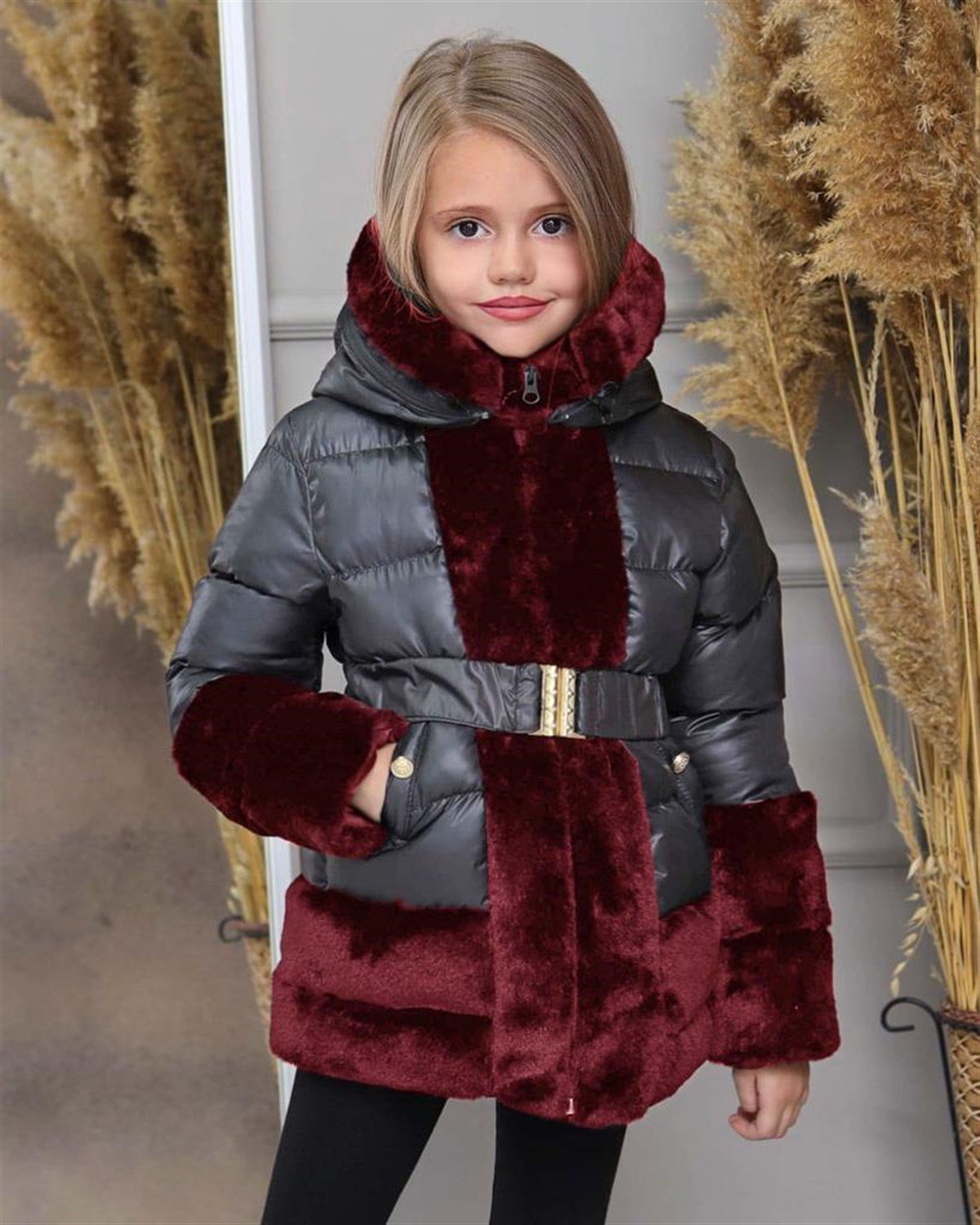Kız Çocuk Deri Peluş Mont Kapşonlu-Kız Çocuk Mont-Bebegimindolabinda.com