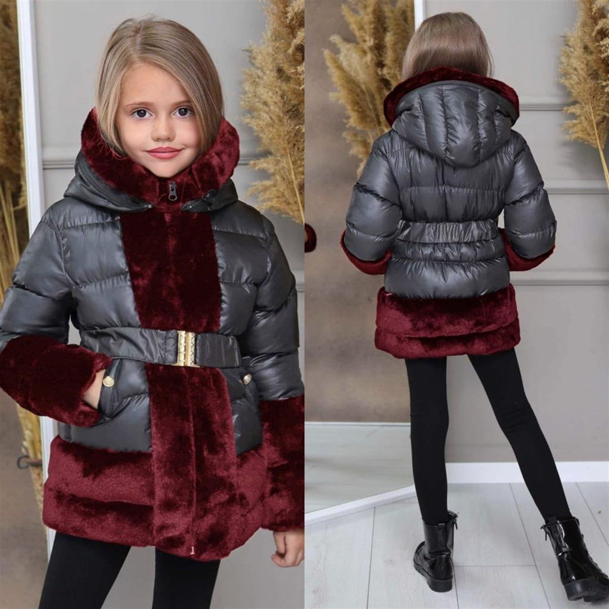 Kız Çocuk Deri Peluş Mont Kapşonlu-Kız Çocuk Mont-Bebegimindolabinda.com