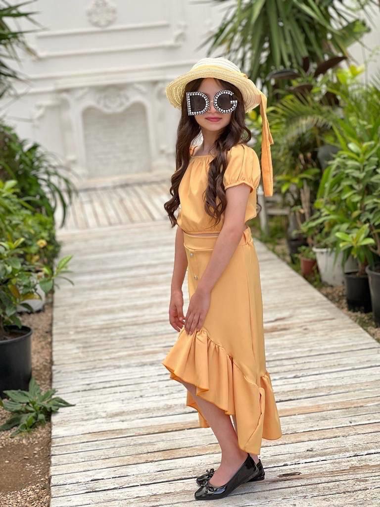 Kız Çocuk Hasır Şapkalı 2'li Takım Sarı-Kız Çocuk Alt Üst Takım-Bebegimindolabinda.com