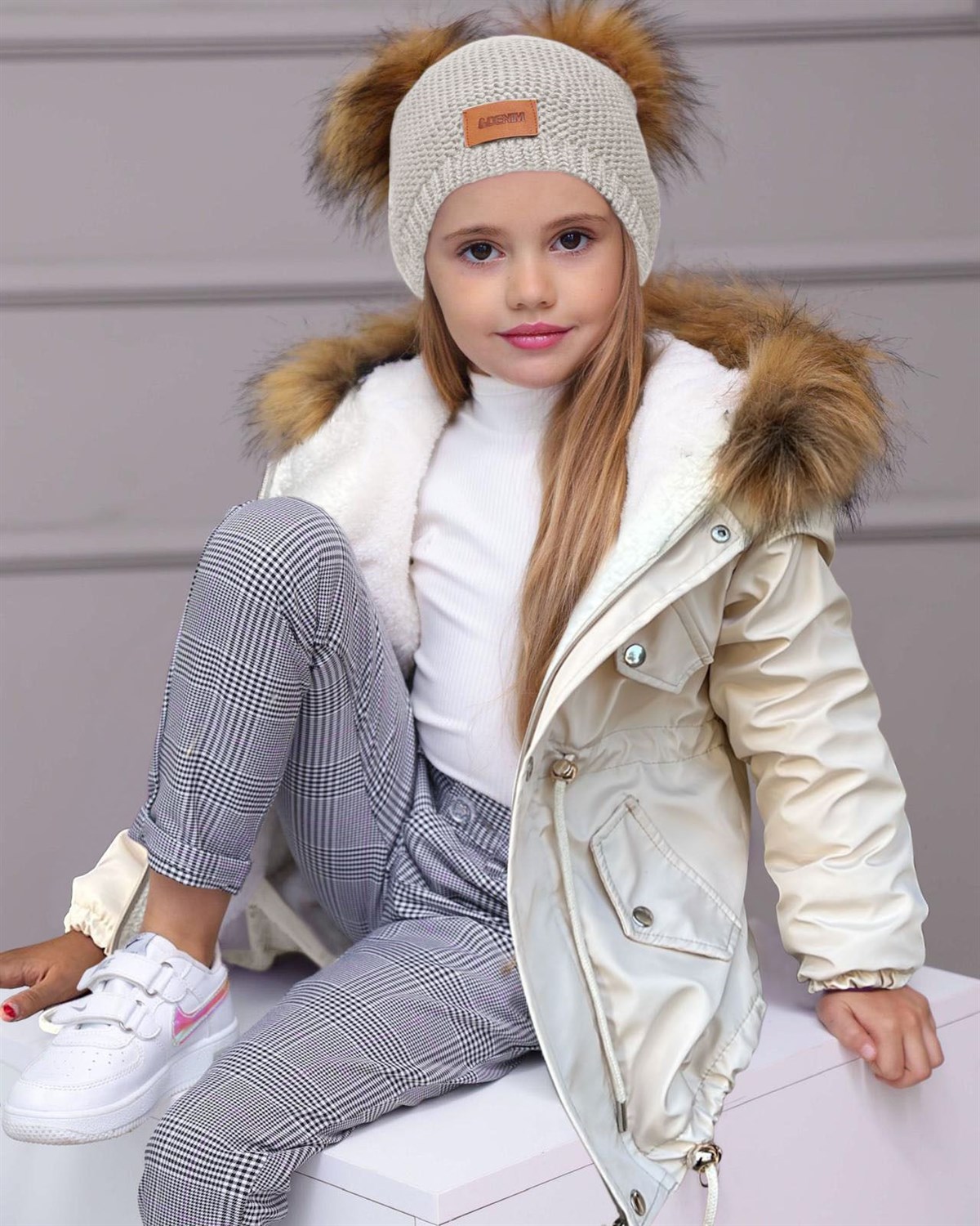 Kız Çocuk İçi Peluş Kapşonlu Mont Pantolon Bere 3'lü Takım Ekru-Kız Çocuk Alt Üst Takım-Bebegimindolabinda.com
