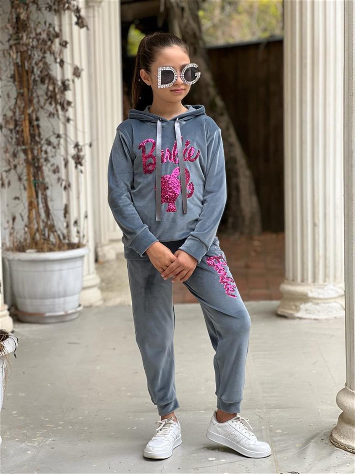 Kız Çocuk Kadife Eşofman Takımı Gri-Kız Çocuk Alt Üst Takım-Bebegimindolabinda.com