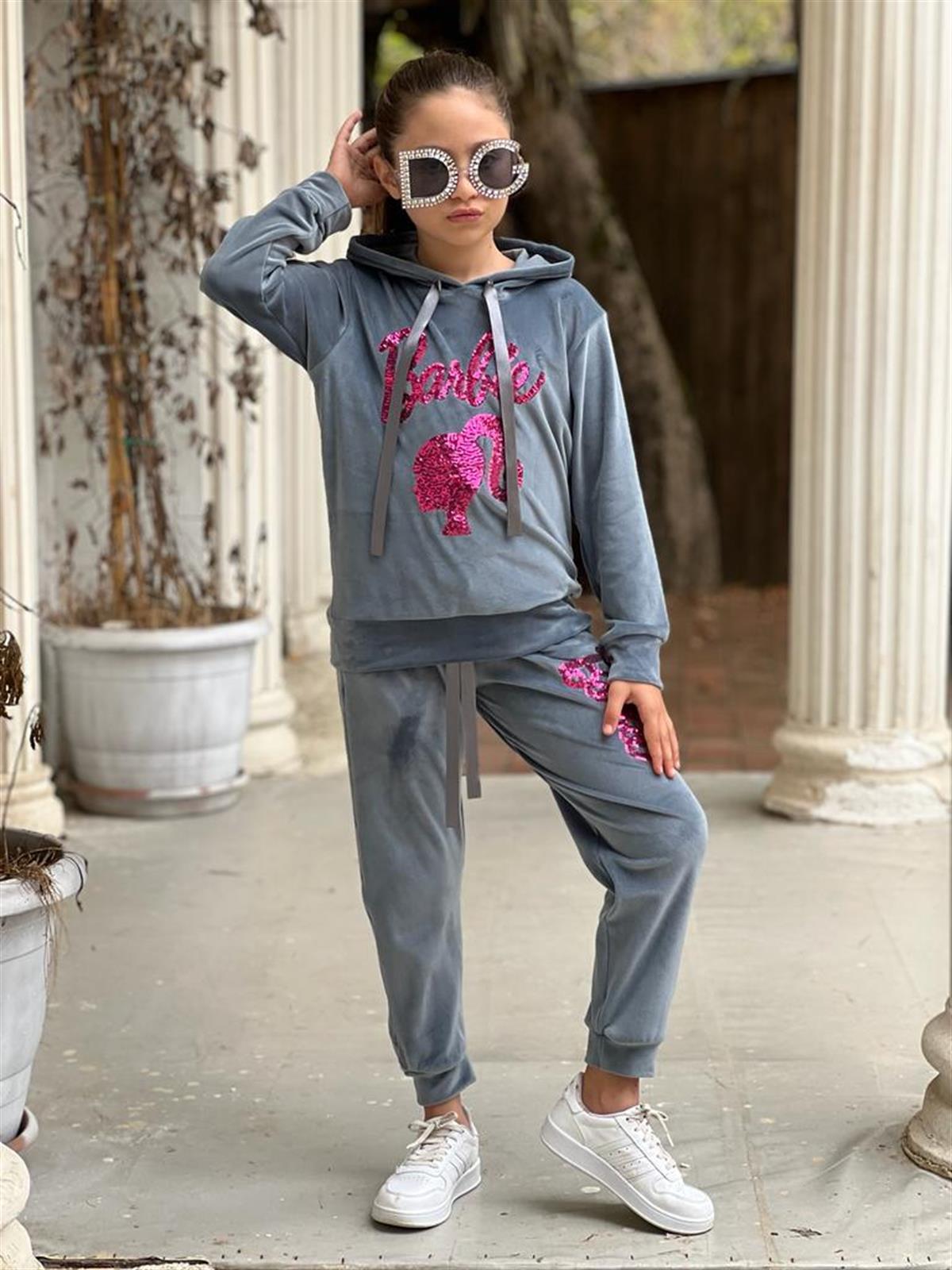 Kız Çocuk Kadife Eşofman Takımı Gri-Kız Çocuk Alt Üst Takım-Bebegimindolabinda.com