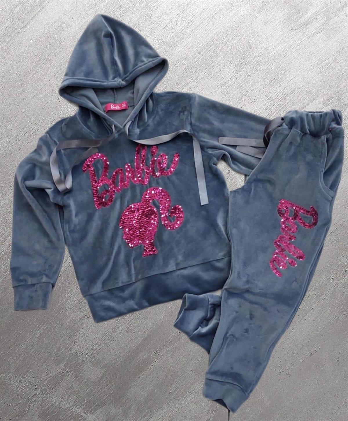 Kız Çocuk Kadife Eşofman Takımı Gri-Kız Çocuk Alt Üst Takım-Bebegimindolabinda.com