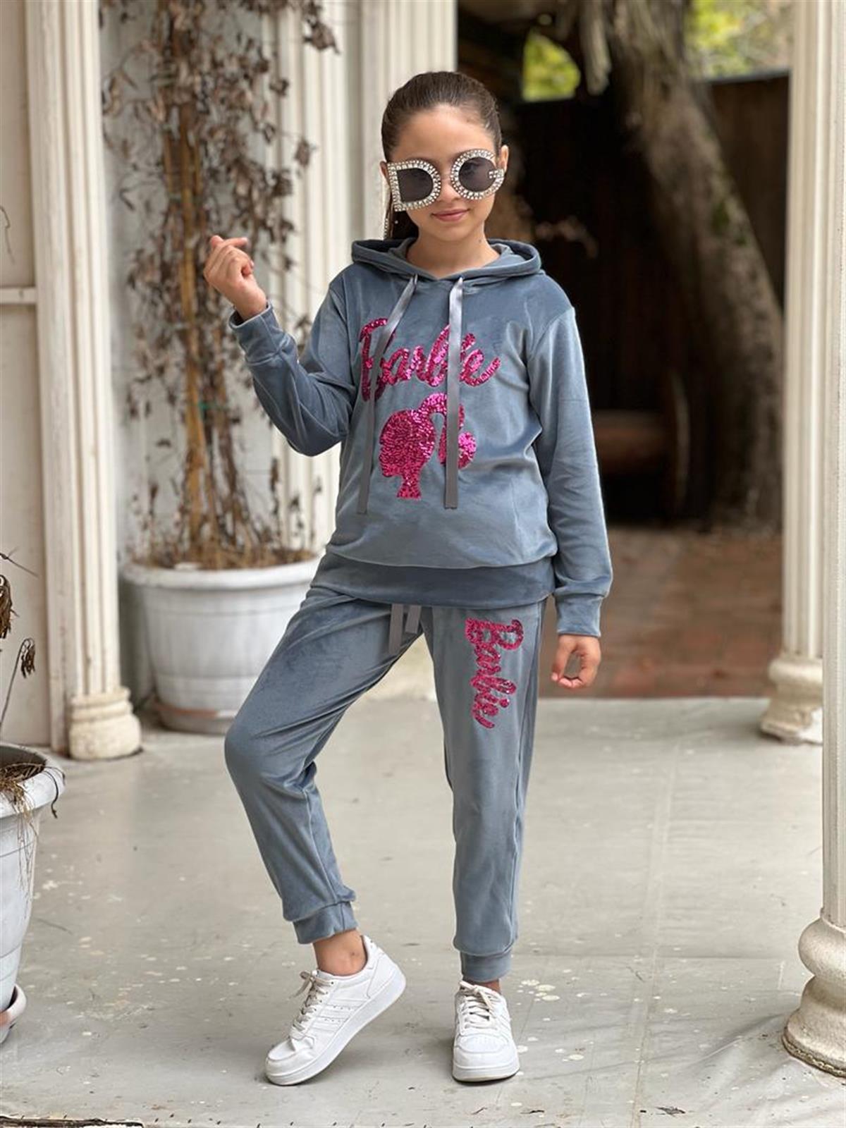 Kız Çocuk Kadife Eşofman Takımı Gri-Kız Çocuk Alt Üst Takım-Bebegimindolabinda.com