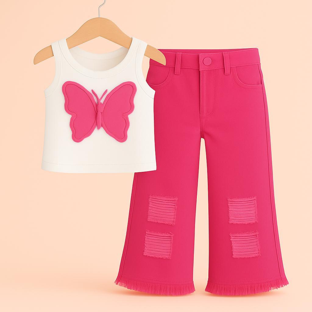 Kız Çocuk Kelebekli Thisirt Pantolon 2'Li Takım Pembe-Kız Çocuk Alt Üst Takım-Bebegimindolabinda.com