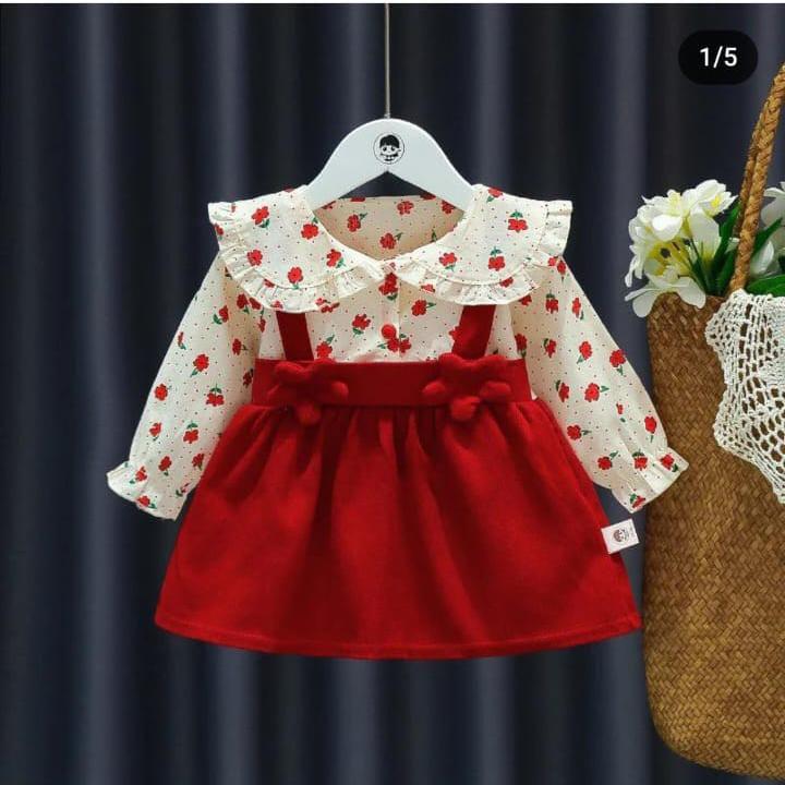 Kız Çocuk Kiraz Desenli Kırmızı 3'lü Takım-Kız Çocuk Alt Üst Takım-Bebegimindolabinda.com
