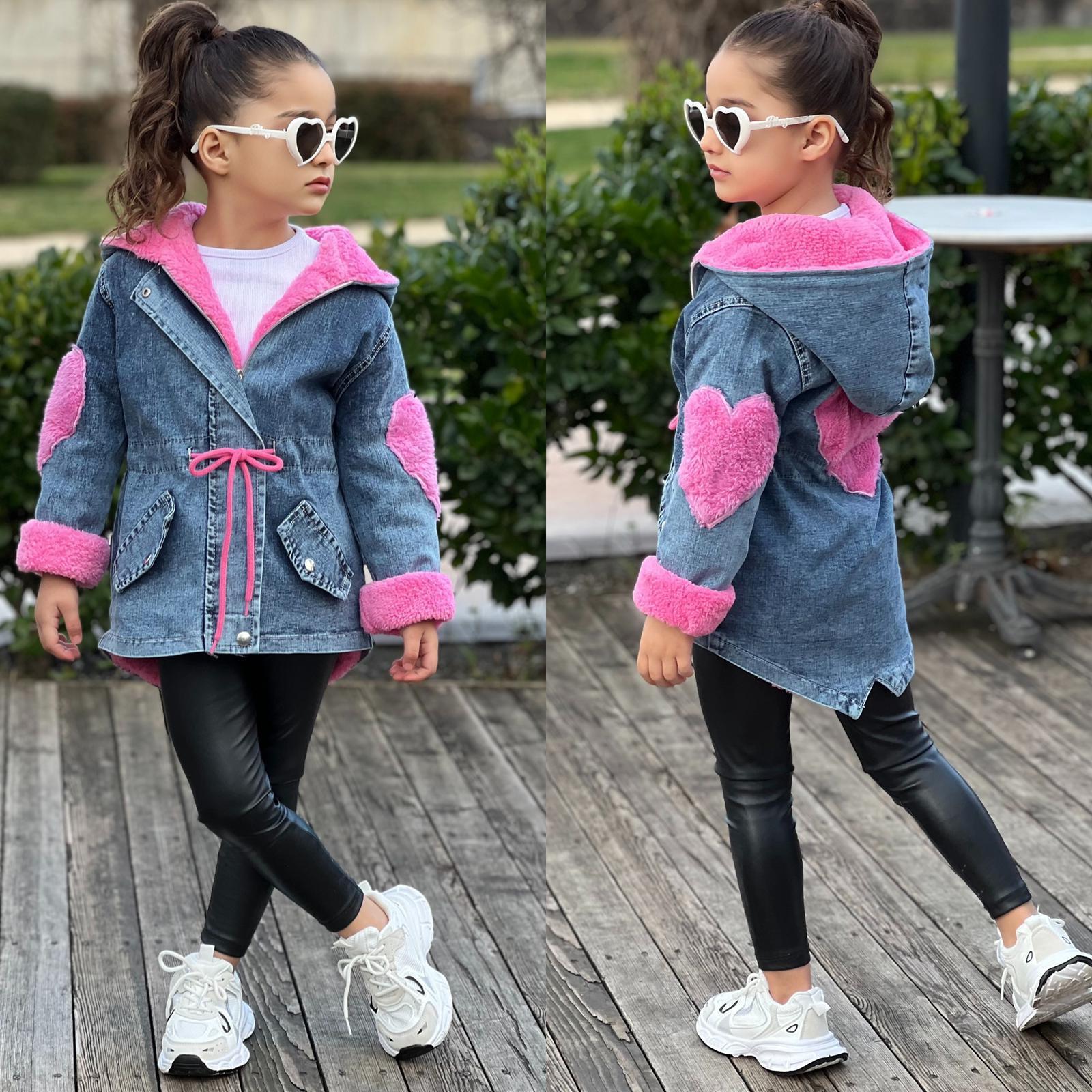 Kız Çocuk Kot Pembe Mont Welsoftlu-Kız Çocuk Mont-Bebegimindolabinda.com