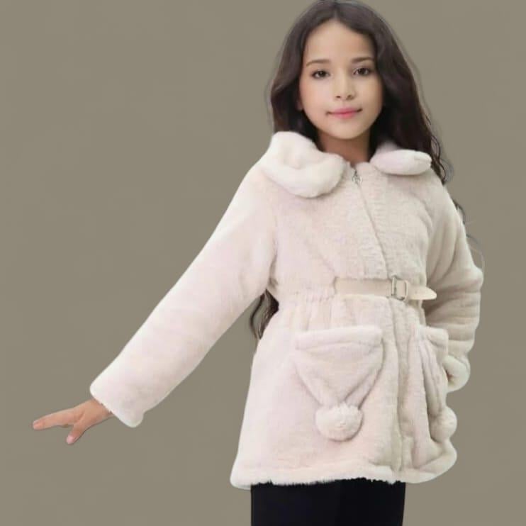 Kız Çocuk Krem Tavşan Kürklü Mont-Kız Çocuk Mont-Bebegimindolabinda.com