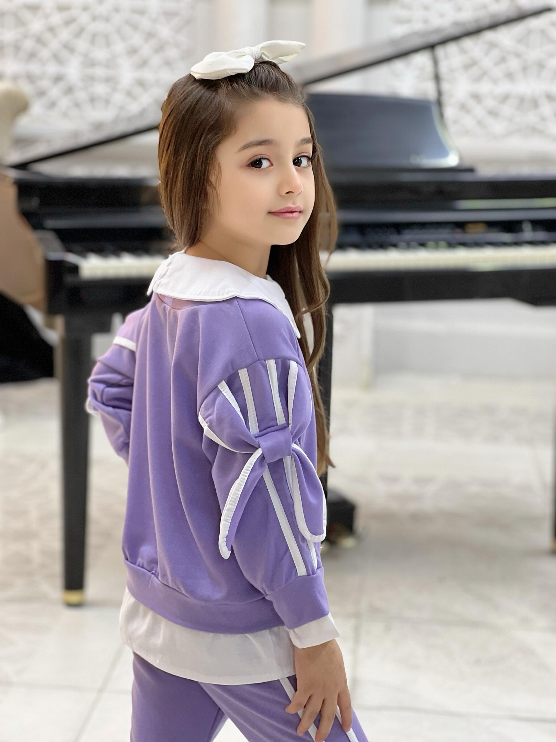 Kız Çocuk Lila Kolları Kurdela Detaylı Eşofman-Kız Çocuk Alt Üst Takım-Bebegimindolabinda.com