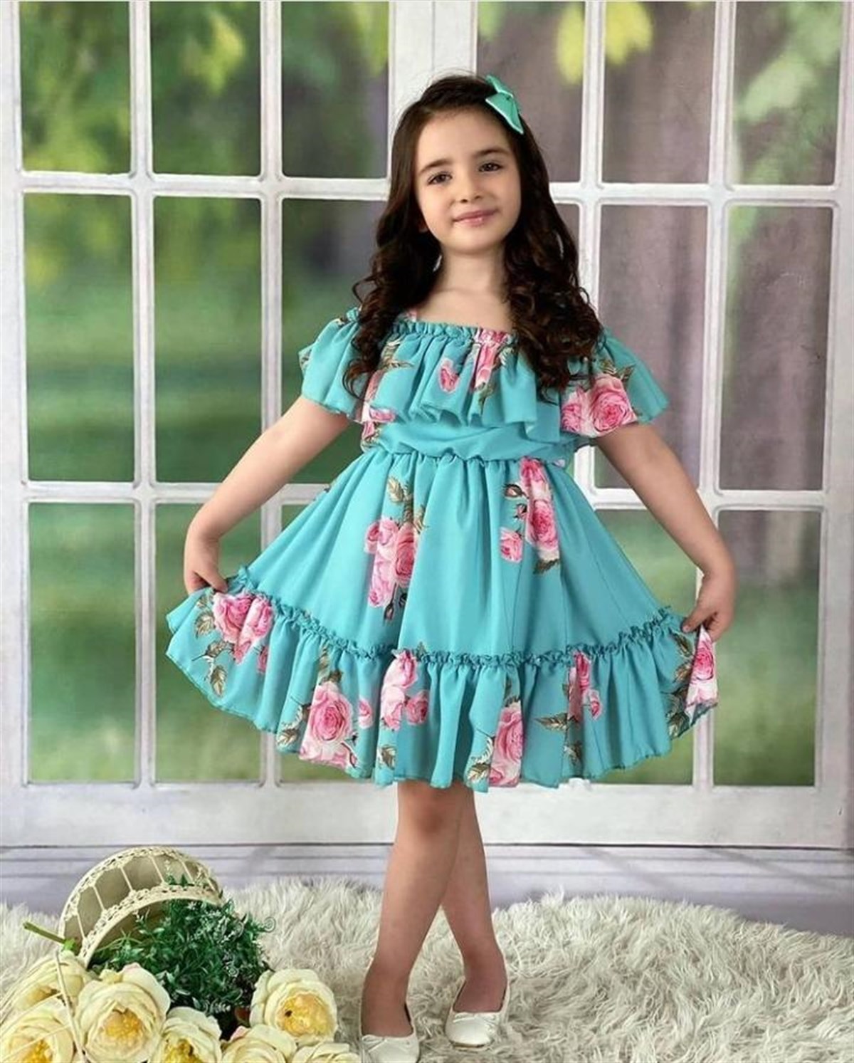 Kız Çocuk Mavi Çiçekli Elbise-Kız Çocuk Elbise-Bebegimindolabinda.com