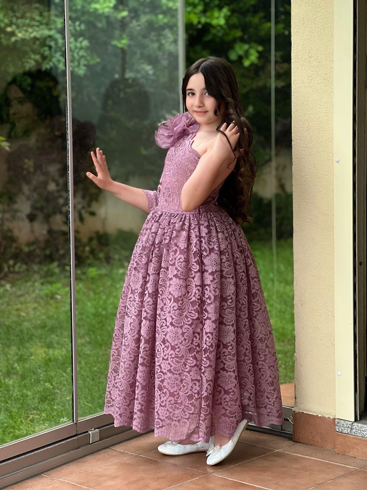 Kız Çocuk Mor Güpür Elbise Abiye-Kız Çocuk Elbise-Bebegimindolabinda.com