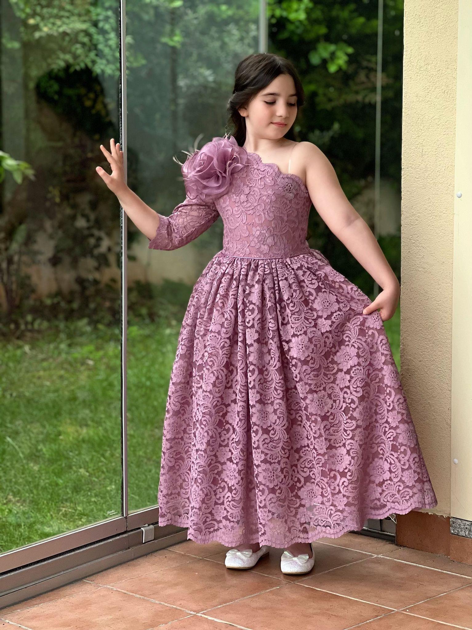 Kız Çocuk Mor Güpür Elbise Abiye-Kız Çocuk Elbise-Bebegimindolabinda.com