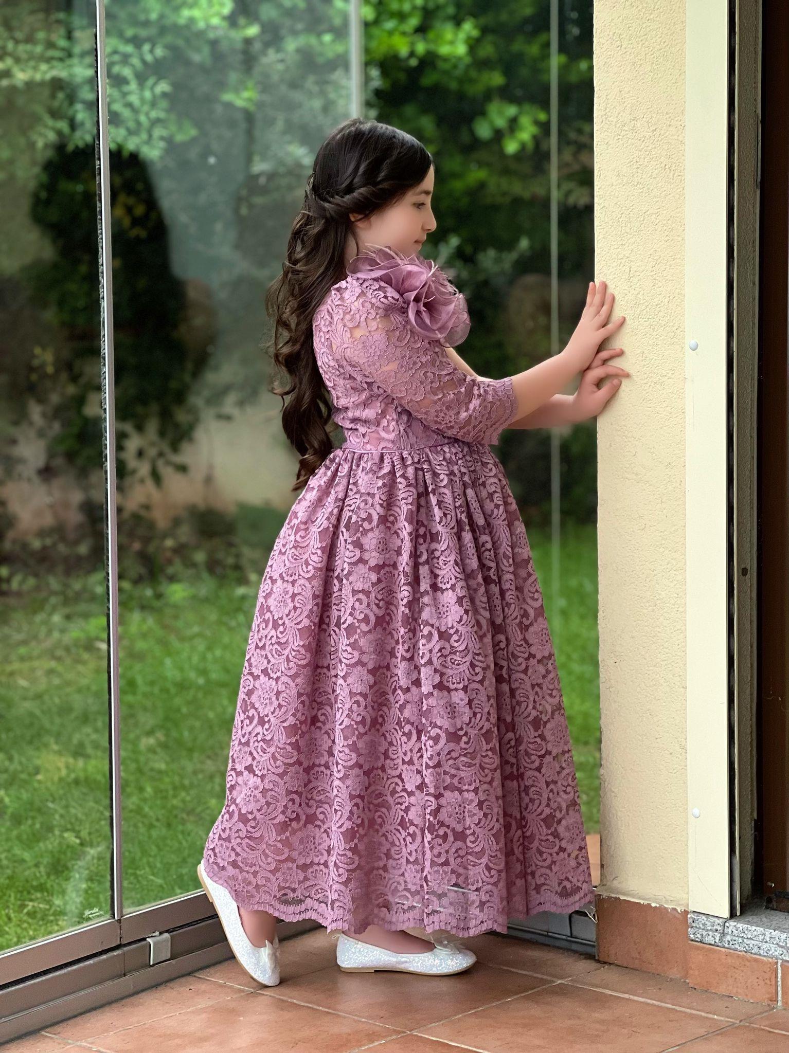 Kız Çocuk Mor Güpür Elbise Abiye-Kız Çocuk Elbise-Bebegimindolabinda.com