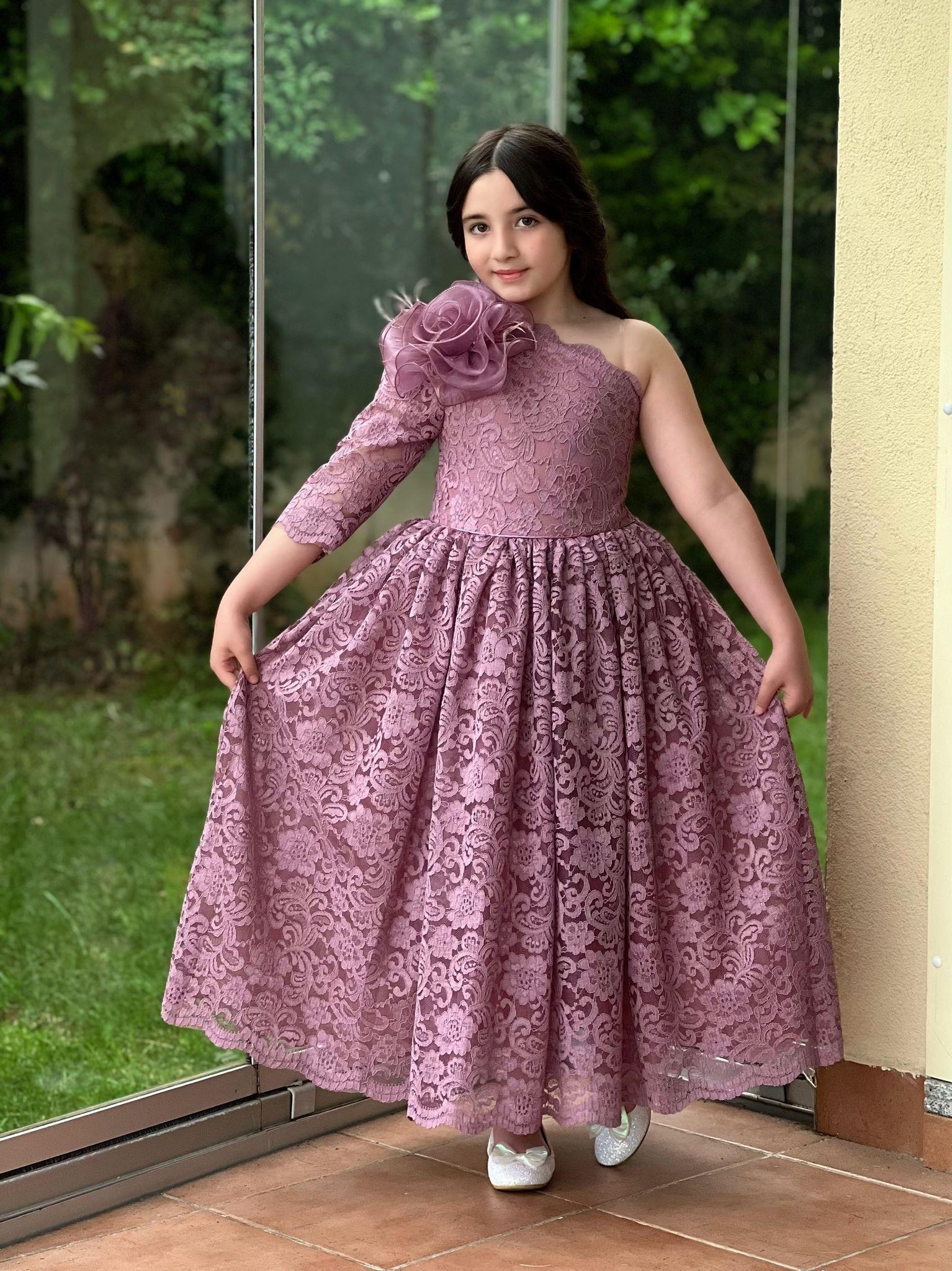 Kız Çocuk Mor Güpür Elbise Abiye-Kız Çocuk Elbise-Bebegimindolabinda.com