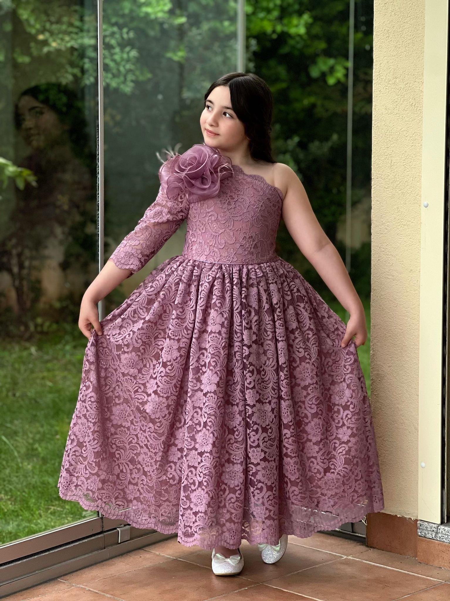 Kız Çocuk Mor Güpür Elbise Abiye-Kız Çocuk Elbise-Bebegimindolabinda.com