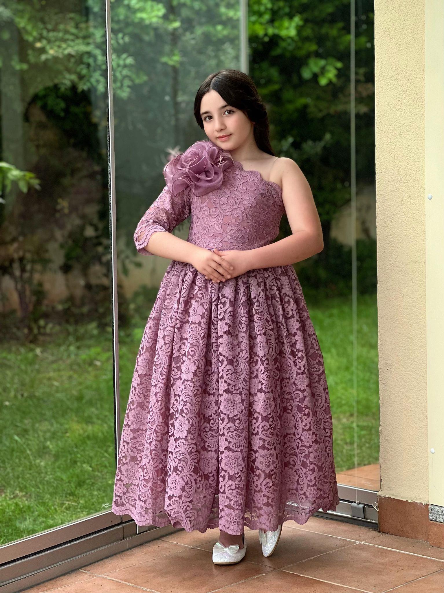 Kız Çocuk Mor Güpür Elbise Abiye-Kız Çocuk Elbise-Bebegimindolabinda.com