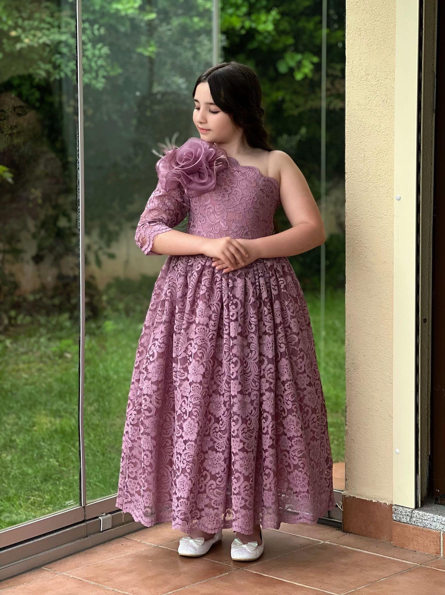 Kız Çocuk Mor Güpür Elbise Abiye-Kız Çocuk Elbise-Bebegimindolabinda.com