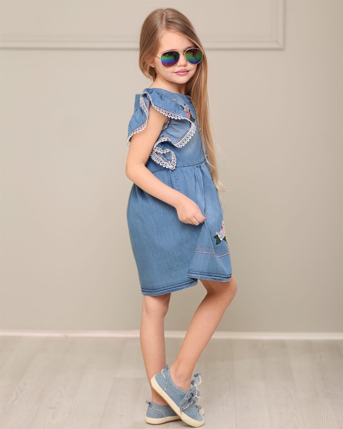 Kız Çocuk Nakış Desenli Kot Elbise-Kız Çocuk Elbise-Bebegimindolabinda.com