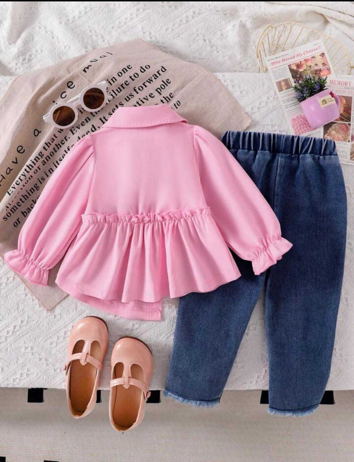 Kız Çocuk Papatyalı Kot Pantolonlu Takım Pembe ÖN SİPARİŞ ÜRÜNÜDÜR (10 MART TESLİMATLIDIR)-Kız Çocuk Alt Üst Takım-Bebegimindolabinda.com