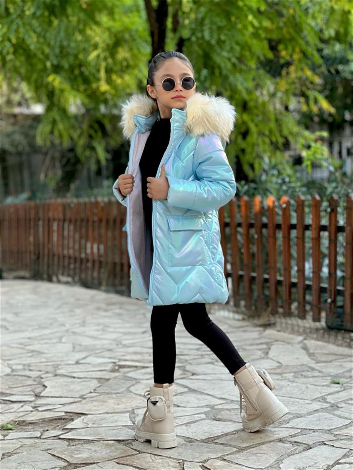 Kız Çocuk Parlak Kumaş Tarz Mont Mavi-Kız Çocuk Mont-Bebegimindolabinda.com