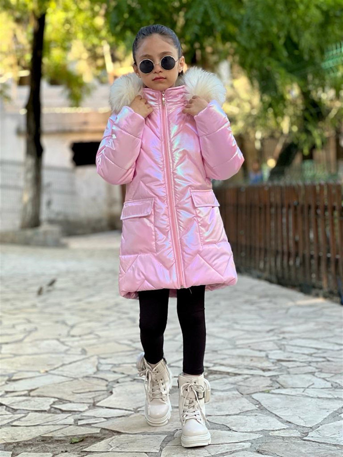 Kız Çocuk Parlak Kumaş Tarz Mont Pembe-Kız Çocuk Mont-Bebegimindolabinda.com