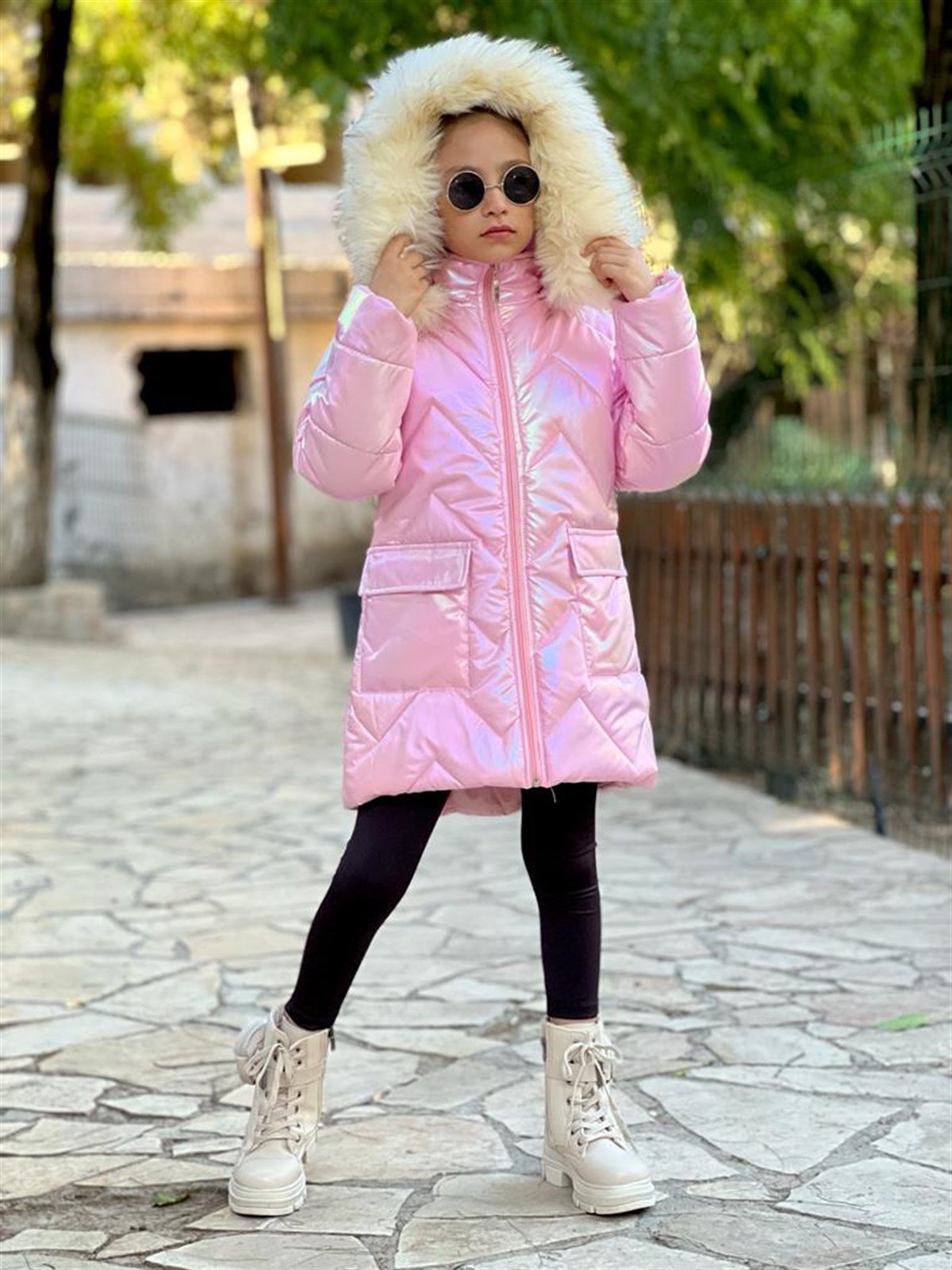 Kız Çocuk Parlak Kumaş Tarz Mont Pembe-Kız Çocuk Mont-Bebegimindolabinda.com