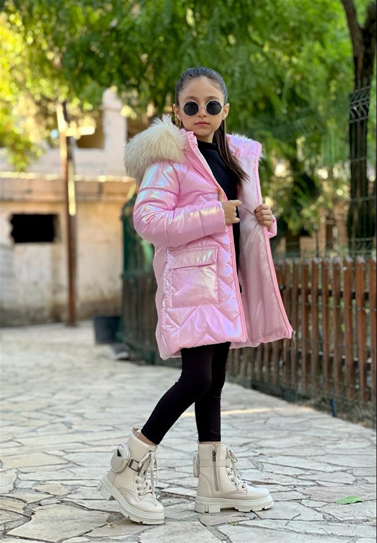 Kız Çocuk Parlak Kumaş Tarz Mont Pembe-Kız Çocuk Mont-Bebegimindolabinda.com