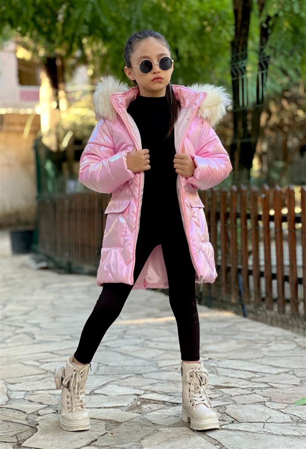 Kız Çocuk Parlak Kumaş Tarz Mont Pembe-Kız Çocuk Mont-Bebegimindolabinda.com
