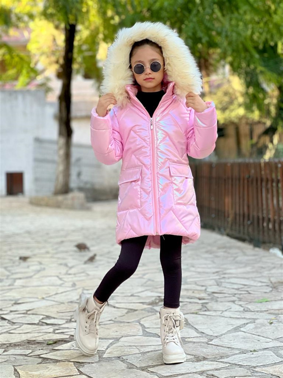 Kız Çocuk Parlak Kumaş Tarz Mont Pembe-Kız Çocuk Mont-Bebegimindolabinda.com