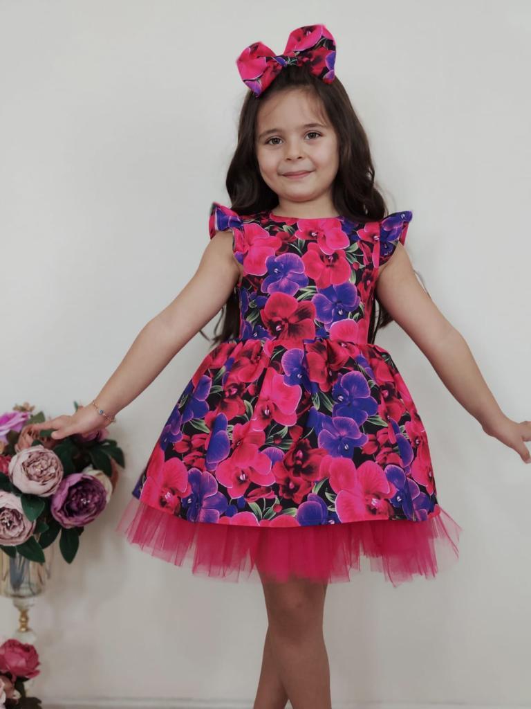 Kız Çocuk Pembe  Çiçekli Abiye Elbise-Kız Çocuk Elbise-Bebegimindolabinda.com