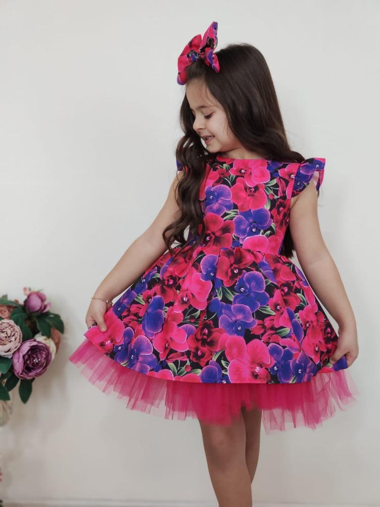 Kız Çocuk Pembe  Çiçekli Abiye Elbise-Kız Çocuk Elbise-Bebegimindolabinda.com