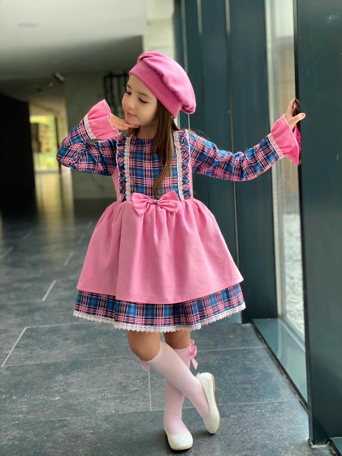 Kız Çocuk Pembe Ekoseli Uzun Kollu Elbise-Kız Çocuk Elbise-Bebegimindolabinda.com