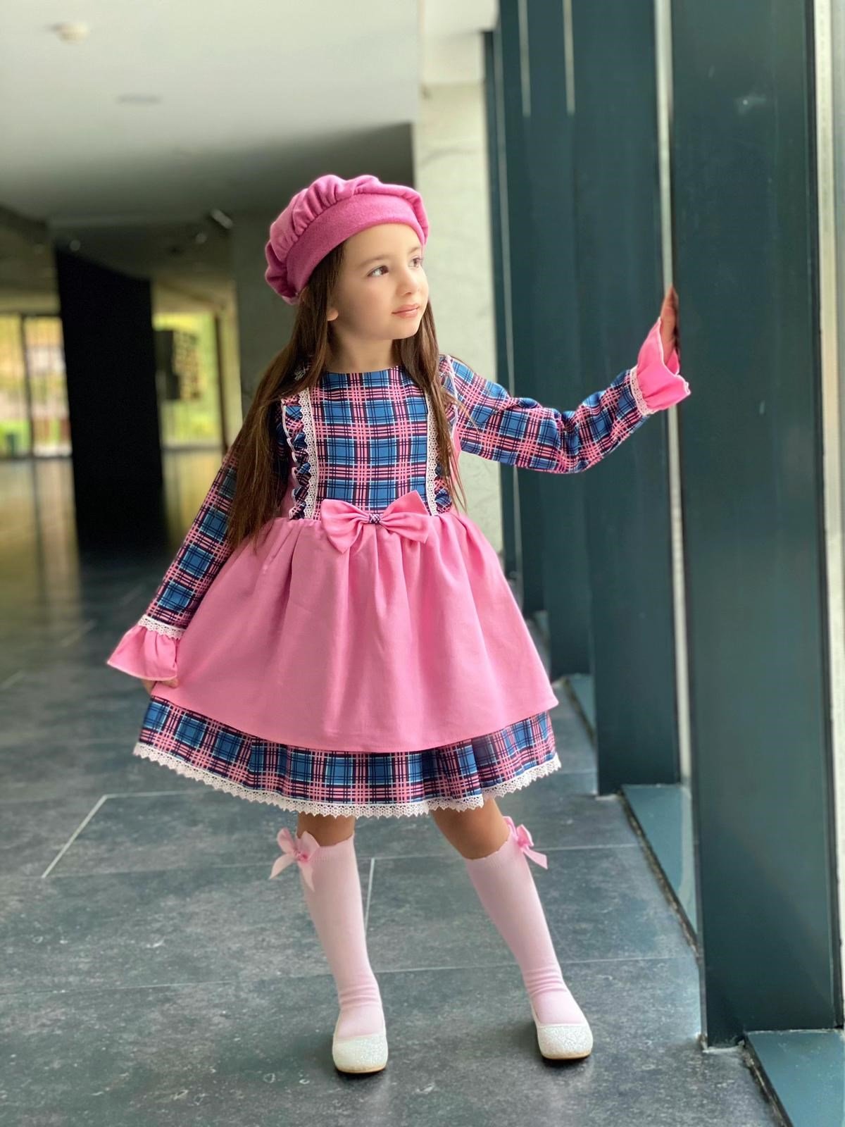 Kız Çocuk Pembe Ekoseli Uzun Kollu Elbise-Kız Çocuk Elbise-Bebegimindolabinda.com