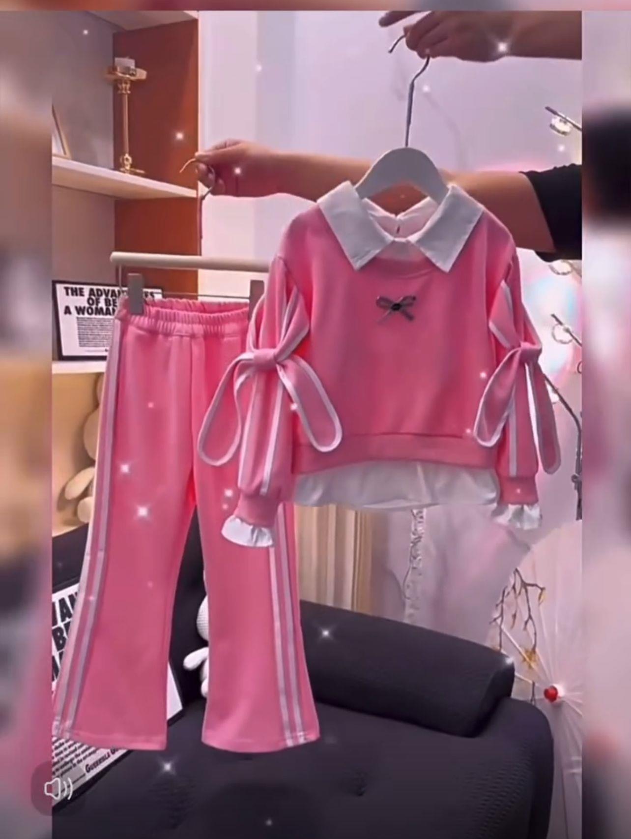 Kız Çocuk Pembe Kolları Kurdela Detaylı Eşofman-Kız Çocuk Alt Üst Takım-Bebegimindolabinda.com