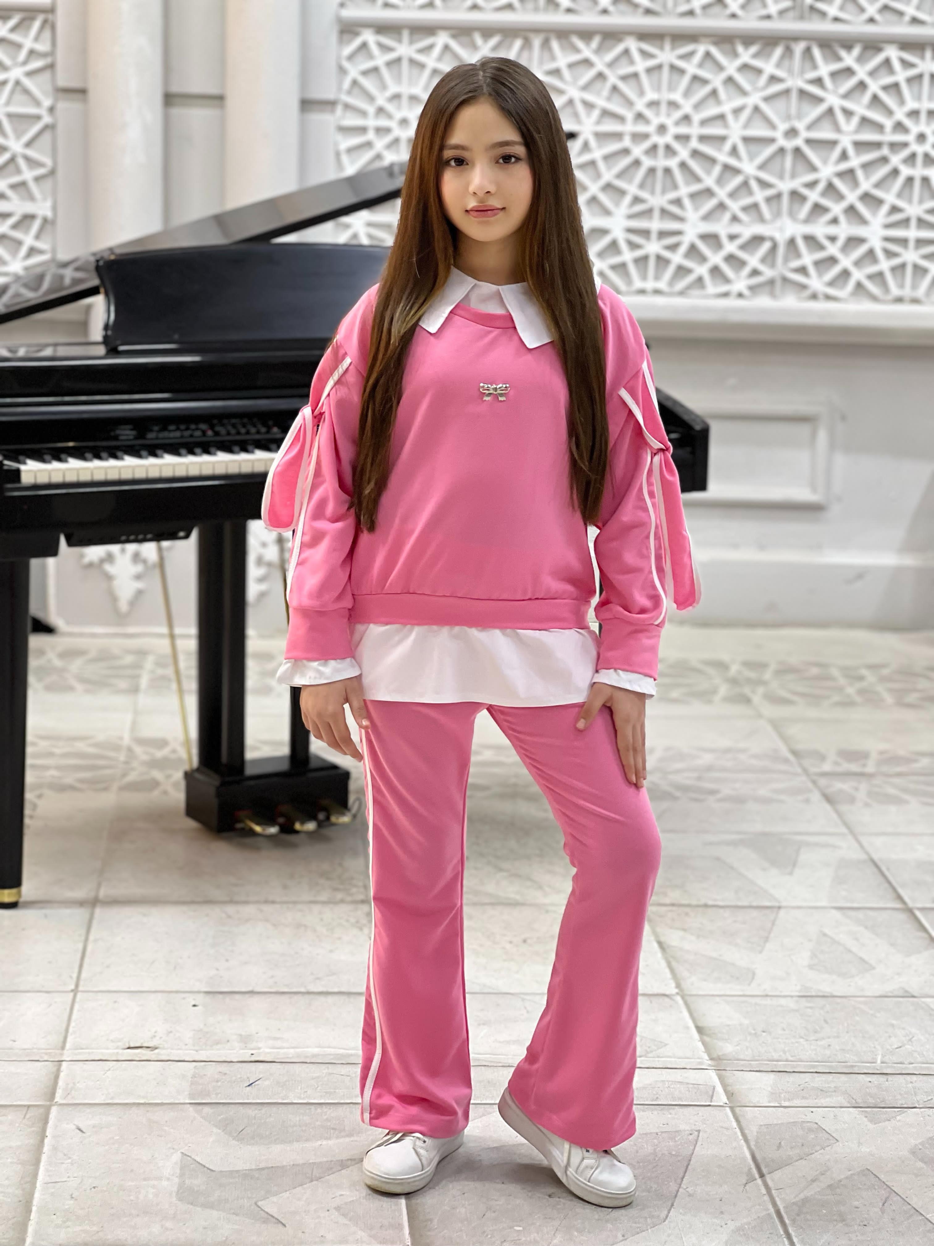 Kız Çocuk Pembe Kolları Kurdela Detaylı Eşofman-Kız Çocuk Alt Üst Takım-Bebegimindolabinda.com
