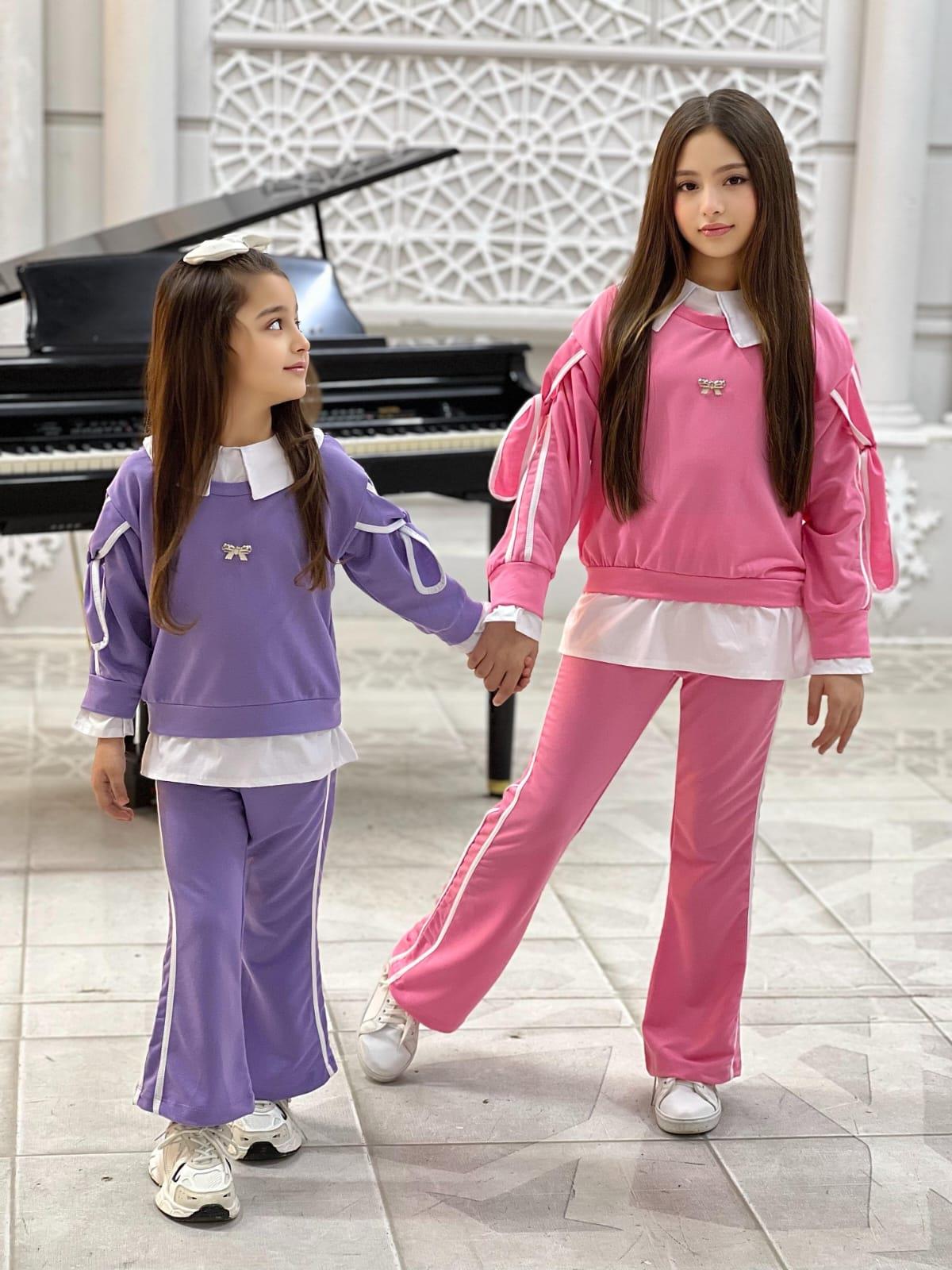 Kız Çocuk Pembe Kolları Kurdela Detaylı Eşofman-Kız Çocuk Alt Üst Takım-Bebegimindolabinda.com