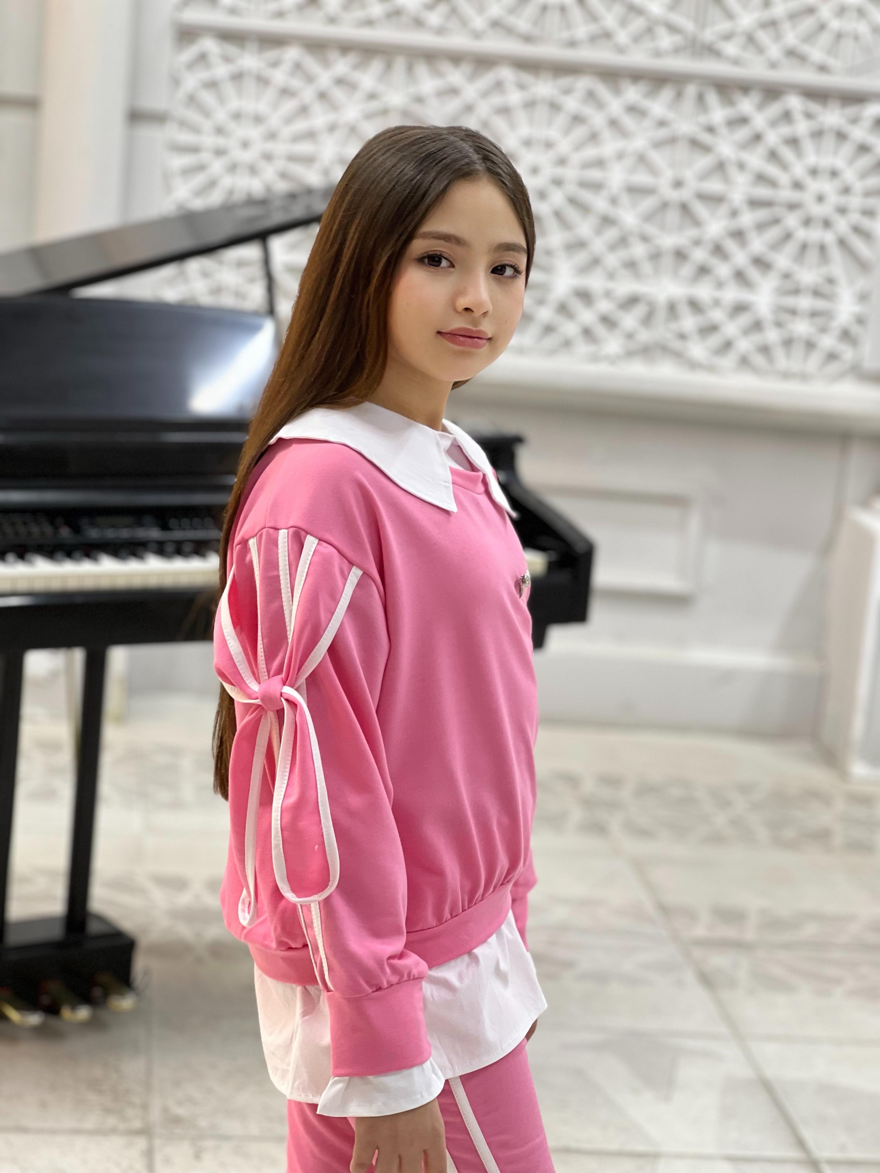 Kız Çocuk Pembe Kolları Kurdela Detaylı Eşofman-Kız Çocuk Alt Üst Takım-Bebegimindolabinda.com