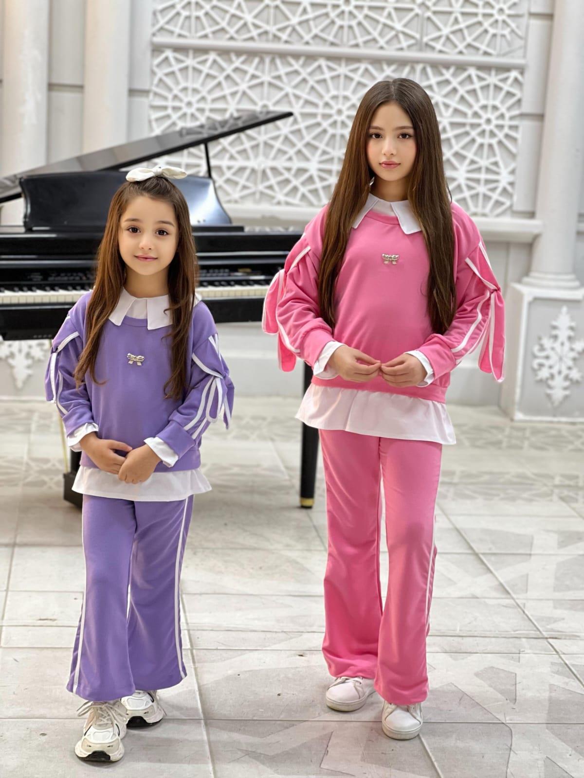 Kız Çocuk Pembe Kolları Kurdela Detaylı Eşofman-Kız Çocuk Alt Üst Takım-Bebegimindolabinda.com