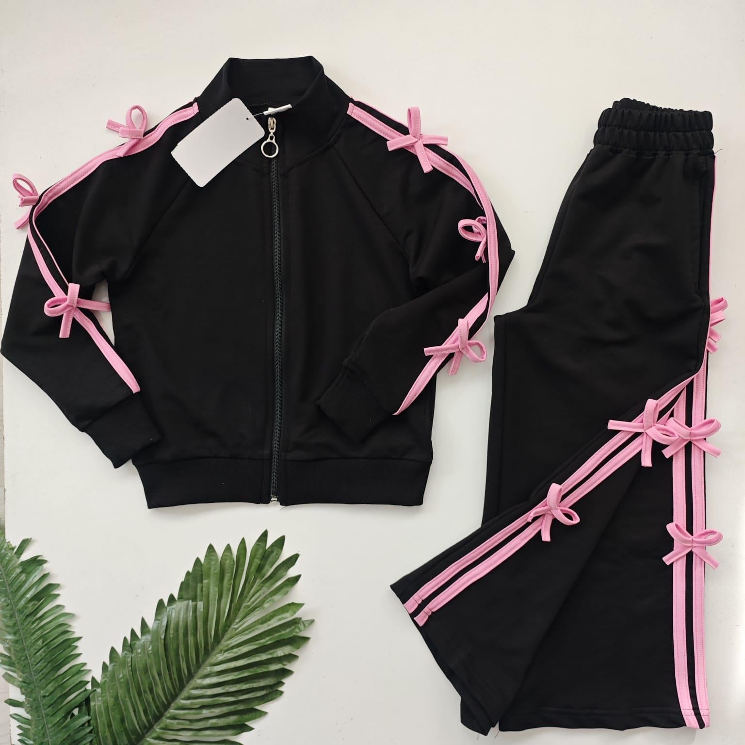 Kız Çocuk Pembe Kurdelalı Siyah Eşofman Takımı-Kız Çocuk Alt Üst Takım-Bebegimindolabinda.com