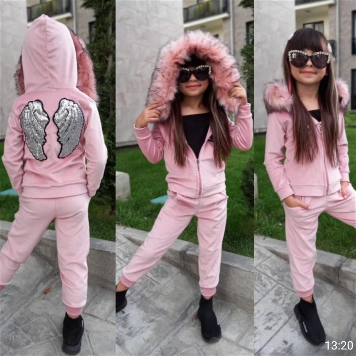 Kız Çocuk Pembe Melek Kanatlı Kadife Eşofman Takımı-Kız Çocuk Alt Üst Takım-Bebegimindolabinda.com
