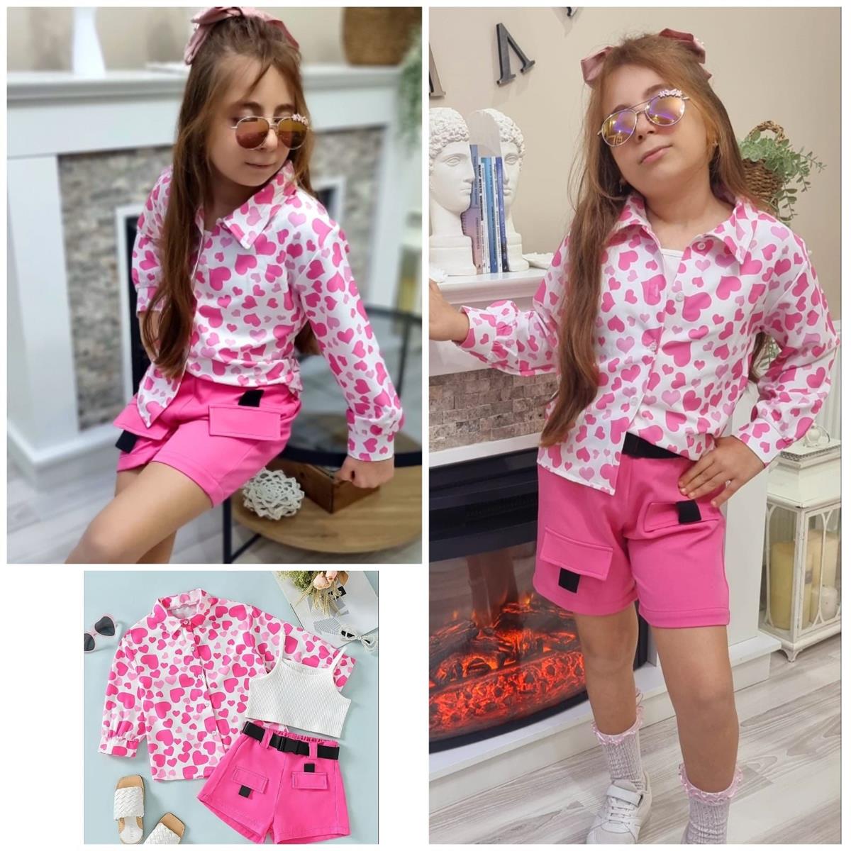 Kız Çocuk Pembe Şortlu Gömlekli 3'lü Takım-Kız Çocuk Alt Üst Takım-Bebegimindolabinda.com