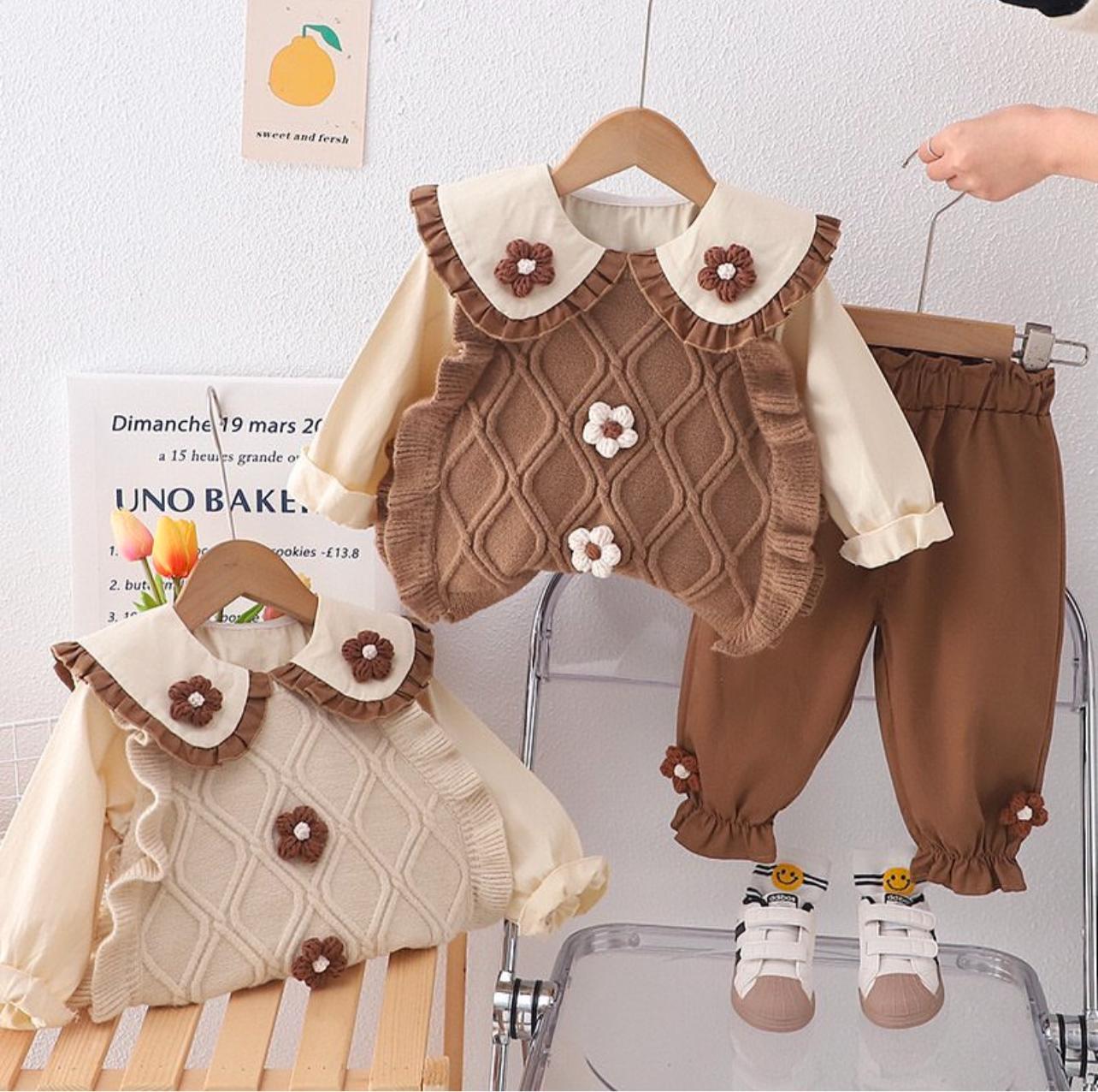 Kız Çocuk Poplin Gömlekli Triko Sweter Takım Kahverengi-Kız Çocuk Alt Üst Takım-Bebegimindolabinda.com