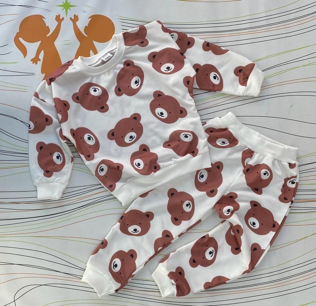 Unisex Çocuk Eşofman Takımı Beyaz Ayıcık Figürlü-Erkek Çocuk Alt Üst Takım-Bebegimindolabinda.com