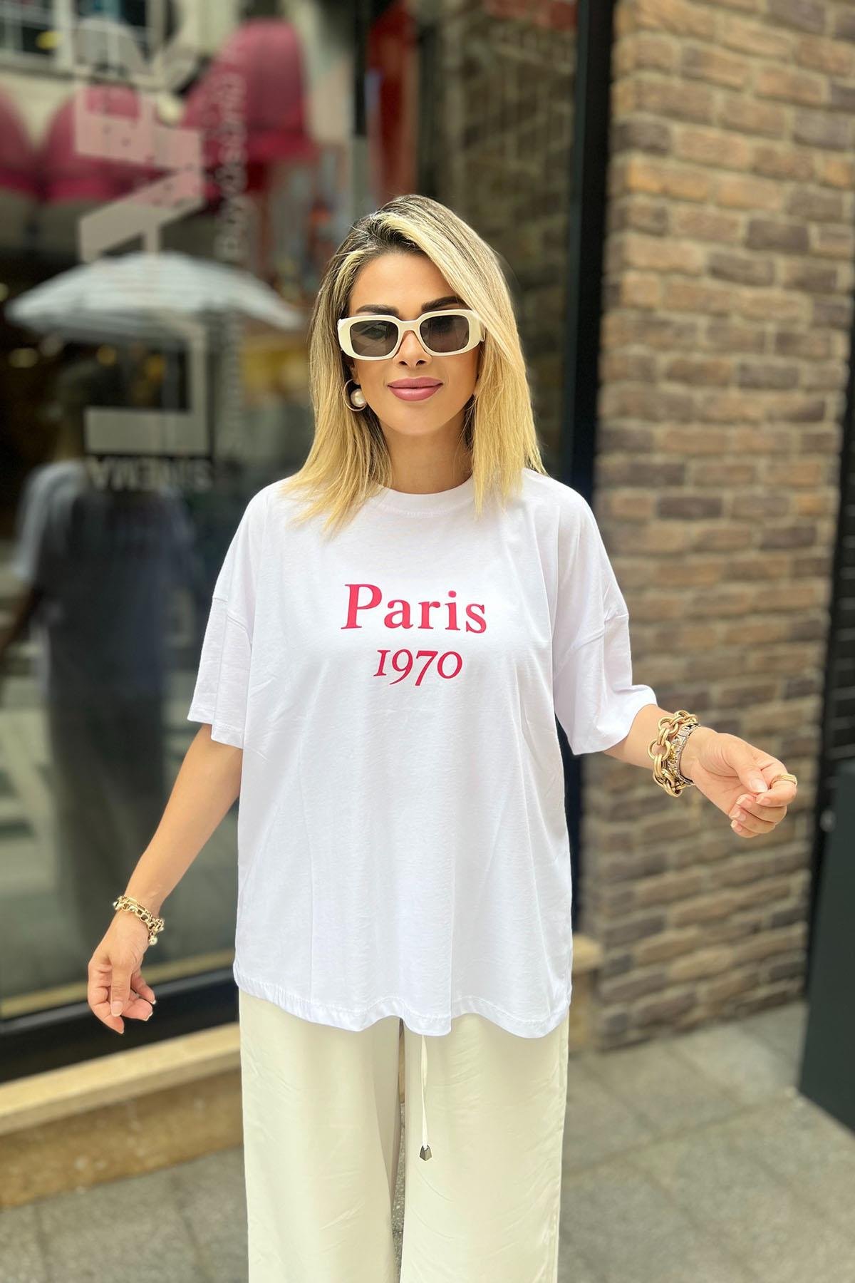 Eswomes Arkası Paris Baskılı T-shirt Beyaz