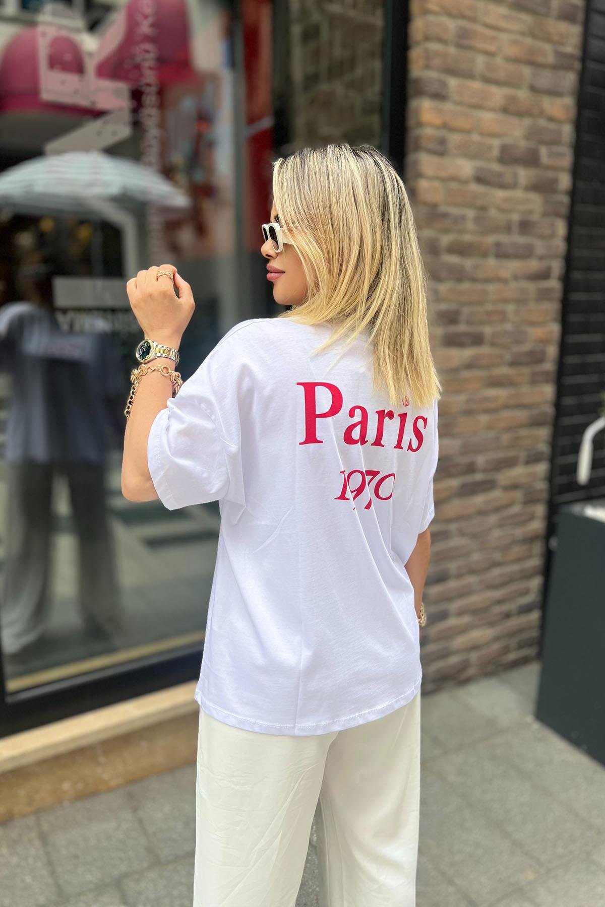Eswomes Arkası Paris Baskılı T-shirt Beyaz