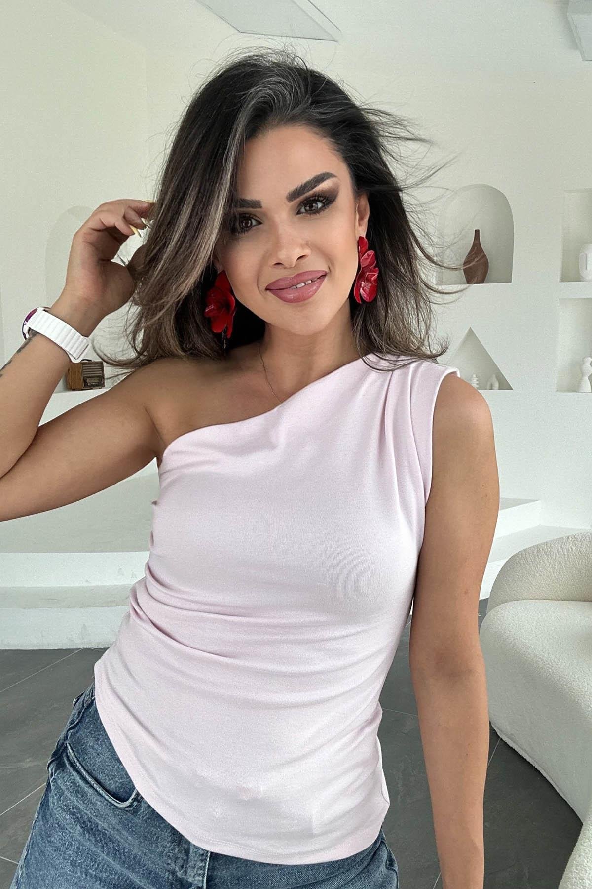 Eswomes Asimetrik Kesim Büzgü Detay Tek Kol Bluz Şeker Pembe